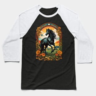 Black Horse Stallion Sunset retro vintage floral design Baseball T-Shirt